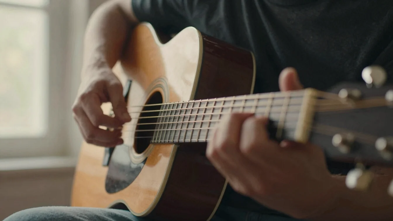 Close-up of hands on a guitar fretboard, warm morning light, shal
