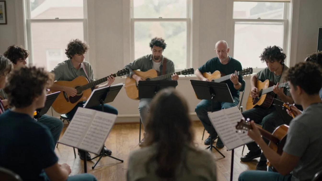 Intergenerational musicians playing together in an informal circl