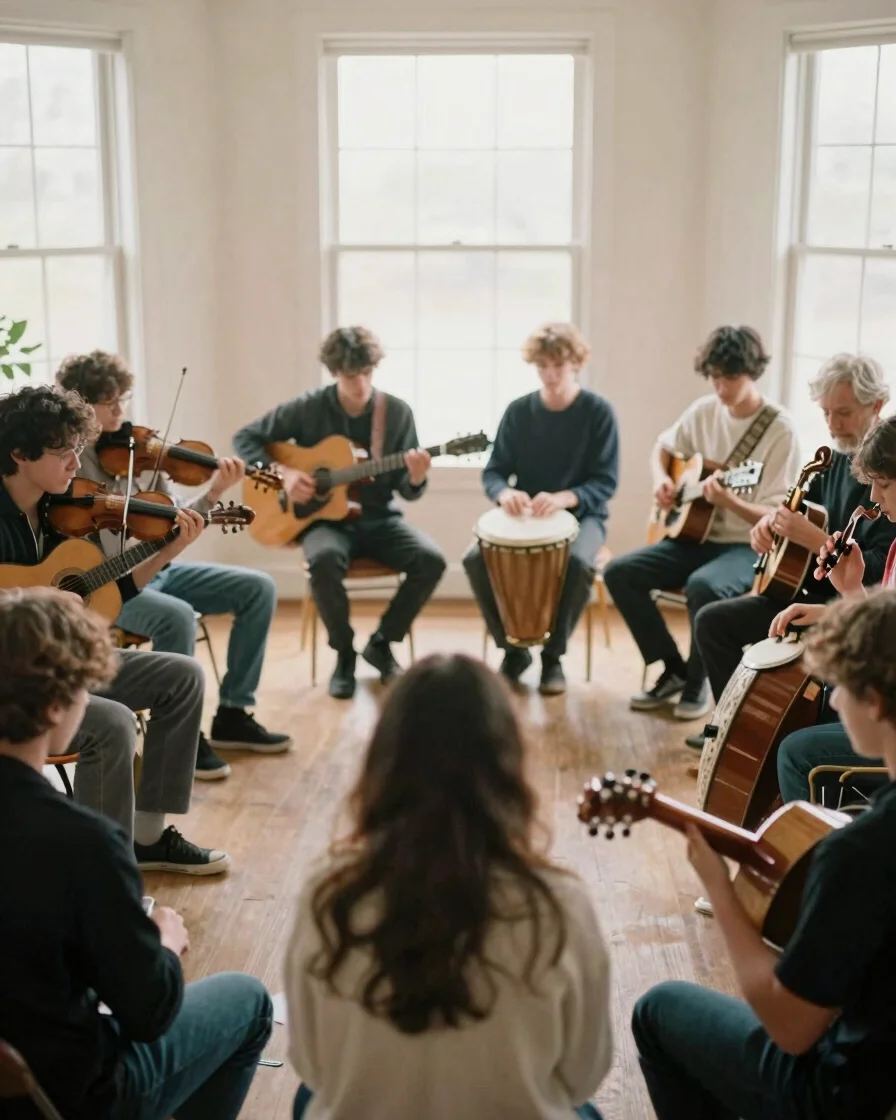 Warm editorial photograph of diverse musicians (teens to seniors) playing various instruments (guitars, violins, hand pe