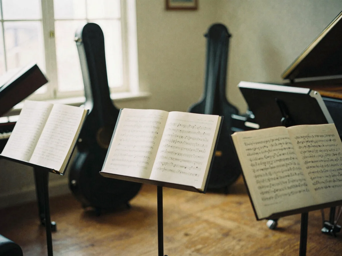 Warm editorial photograph of various sheet music stands and open