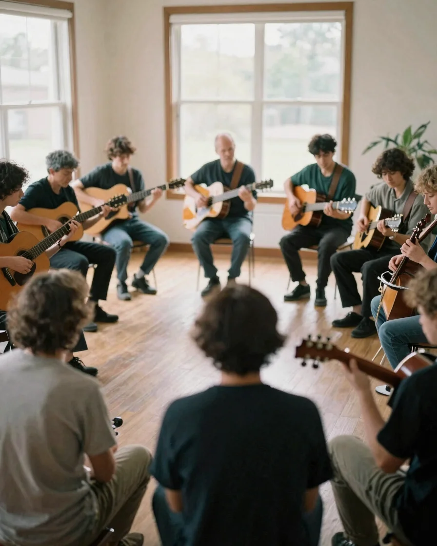 Multi-generational musicians playing diverse instruments in an op